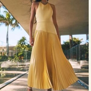 Alexis Saab Pleated Satin Backless Halter Dress